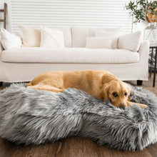 a golden retriever laying on a grey furry dog bed in front of a white couch inside a modern living room setting