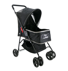 Side view image of a black dog stroller with two bi frontal wheels and black organizer at the bottom 