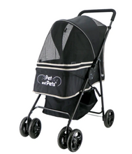 Side view image of a black dog stroller with two bi frontal wheels and black organizer at the bottom with its rain cover closed 