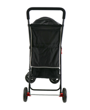 back view image of a black dog stroller where you can see the back wheels with red break locks