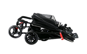 Folded side view image of a black dog stroller 