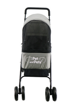 front view image of a grey dog stroller 