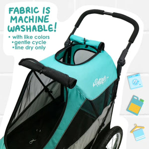 close up view of the top of the dog stroller where you can see the handle and foldable cover so your dog can stick her head out while travelling