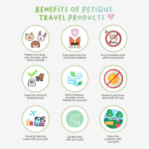 a cartoon poster of all the benefits of petique travel products