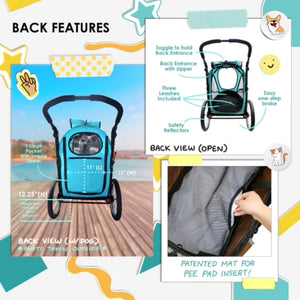 picture collage of the back features of the petiques dog stroller