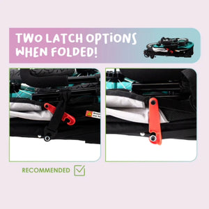 picture collage of the two latch option you can do for the stroller