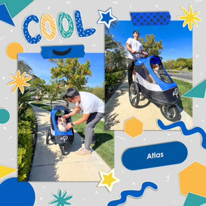 a picture collage of a man and her dog strolling on the streets on a blue dog stroller 