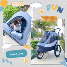 a picture collage of a dog inside a blue dog stroller in the streets