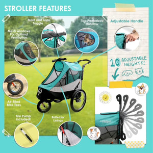 a picture of all the parts and function of the petique trailblazer dog stroller