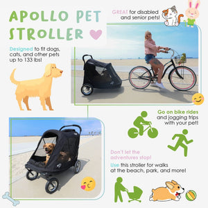 a poster with a picture of a lady riding a bicycle with a dog stroller attached to it on a bay walk and a dog inside a black dog stroller parked on the side of bay walk