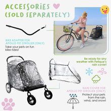 a poster of a dog stroller ran cover and a woman riding a bike with a dog stroller attached to it . 