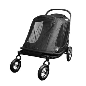 Full view image of a four wheeled black dog stroller with front net cover 