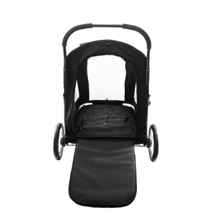 back view image of a black dog stroller with it's back cover opened 