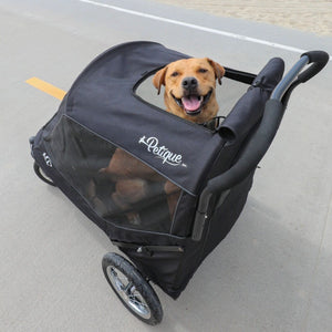 a happy dog sticking his head out of a black dog stroller on the streets 