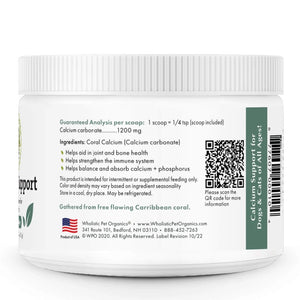 an image of the right side of Wholistic Pet Organics, Calcium Support where you can see the nutritional value per serving 