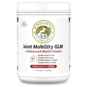 Front image of a white bottle of dog vitamins Joint Mobility™ with Green Lipped Mussel 