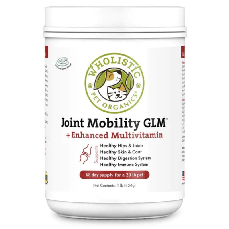 Front image of a white bottle of dog vitamins Joint Mobility™ with Green Lipped Mussel 