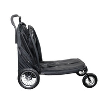 Side view image of a four wheeled black dog stroller 
