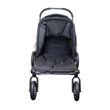 Front view image of a black dog stroller with the top cover removed 
