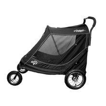 Side view image of a fully assembled black dog stroller with side net cover