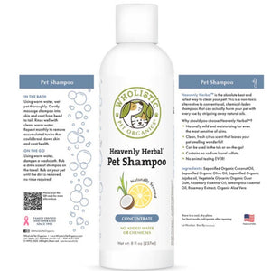 front picture of Wholistic Pet Organics Heavenly Herbal™ Pet Shampoo (Citrus Scented) 237ml bottle showing the front and back cover where you can see benefits of using the product
