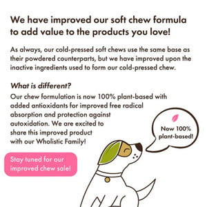A description of the changes on the formula on the Daily Digestive soft chews and an image of a dog facing right.