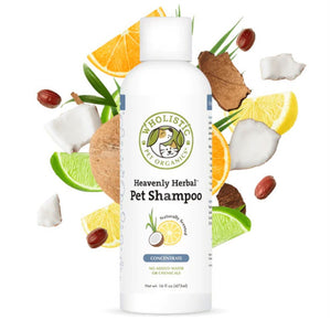 front picture of Wholistic Pet Organics Heavenly Herbal™ Pet Shampoo (Citrus Scented) 473ml bottle with various citruses that is contained by the product