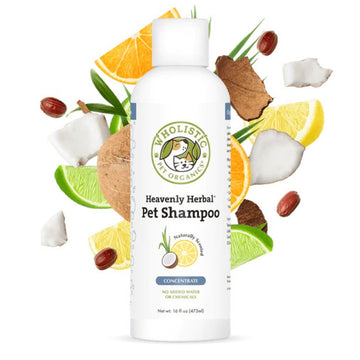 front picture of Wholistic Pet Organics Heavenly Herbal™ Pet Shampoo (Citrus Scented) 473ml bottle with various citruses that is contained by the product