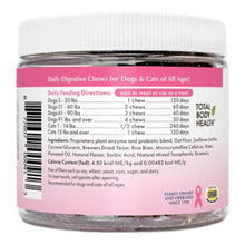 A back picture of the bottle of Daily Digestive Soft Chews showing the feeding instructions in a pink cover