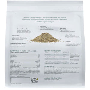 Back image of the Canine Complete Enhanced Multivitamins in bag where you can see the anatomy of the product and the feeding instruction 