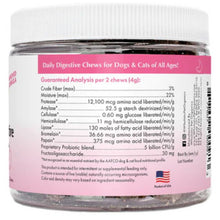 A right side picture of Daily Digestive Soft Chews where you can see the nutritional content per serving  of the product