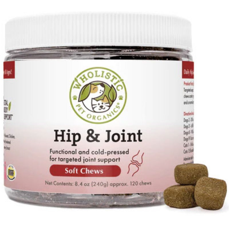 front picture of Wholistic Pet Organics , Hip & joint Soft Chew (FORMERLY RUN FREE™) 120 chews bottle with a stacked chews outside the bottle