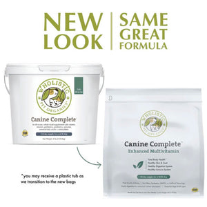 Image of the Canine Complete in old tub packaging and the new bag packaging
