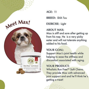 an image of a statement of how Wholistic Pet Organics , Hip & joint Soft Chew (FORMERLY RUN FREE™) improved max's health