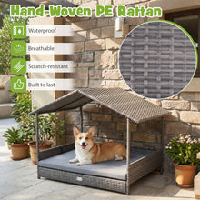 Wicker Dog House Elevated PE Rattan Dog Bed with Canopy