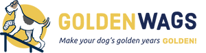 Golden Wags Logo, happy dog with tail wagging and cast on front right foot walking up ramp. Motto written below, "Make your dog's golden years GOLDEN"
