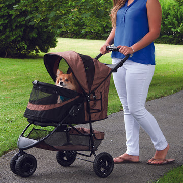 a woman walking her dog in a chocolate colored dog stroller in the park