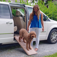 a leady wearing blue next to a white van watching her dog get oof the car through a short bi-fold ramp