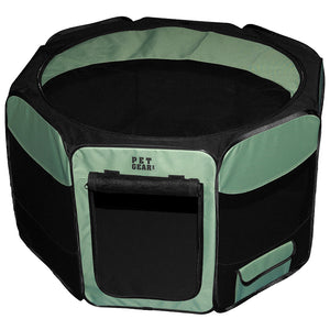 a close up image of an octagon dog pen with removable top in sage color