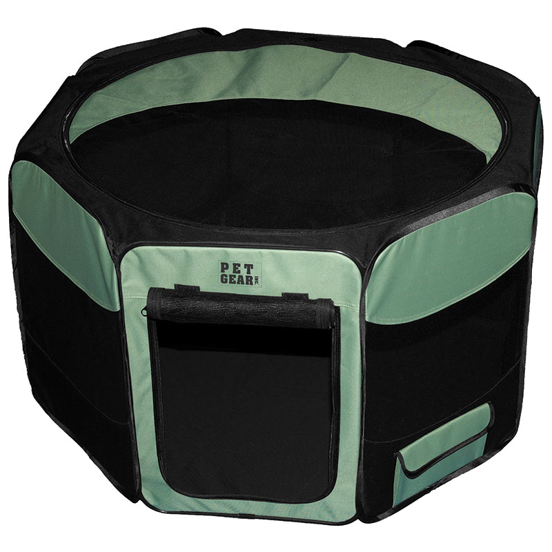 a close up image of an octagon dog pen with removable top in sage color