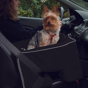 a close up image of a yorkie inside a black large car booster next to a driving lady in black 