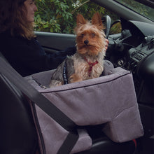 a close up image of a yorkie sitting inside a large car booster in charcoal next to a driving lady in black 