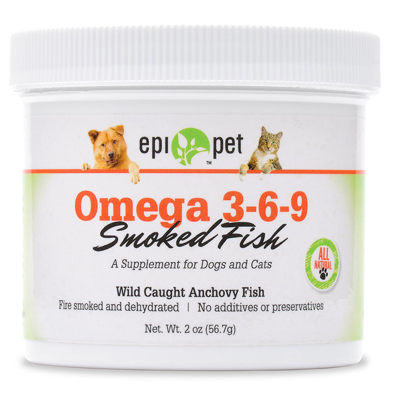 A front picture Epi-Pet Omega 3-6-9 Smoked Fish Supplement, 2oz Jar