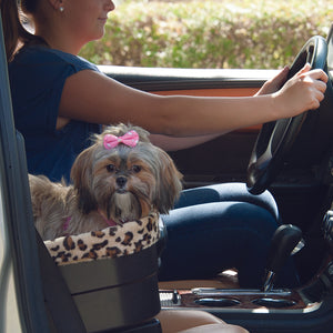 A close up picture of a shih-tzu next to inside a Bucket Seat Dog Booster with Jaguar Insert, 17" next to a lady driving a car