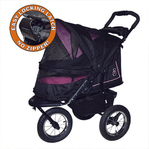 a close up image of a black stroller with rose inside bolster pad and roofing