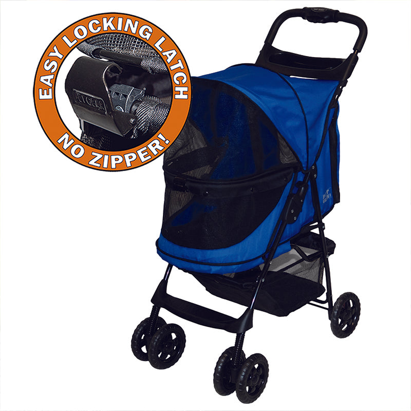 a close up image of a blue stroller and a close up image of an easy locking latch in a pop up bubble
