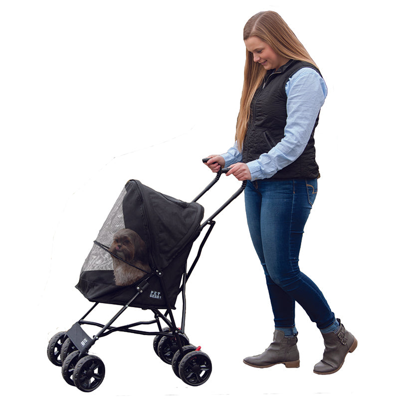 a woman walking her dog in a black stroller in white background