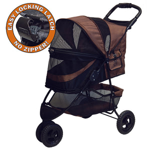 a close up view of a chocolate colored dog stroller and a close up image of an easy locking latch on a pop up bubble