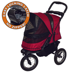 a close up image of a rugged red dog stroller and a close up image of the easy locking latch
