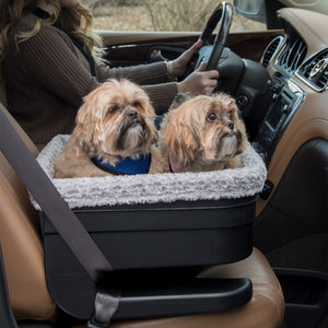 close up image of two shih-tzu inside a black dog bucket with fog insert being held by a seatbelt next to a driving lady wearing brown sweatshirt